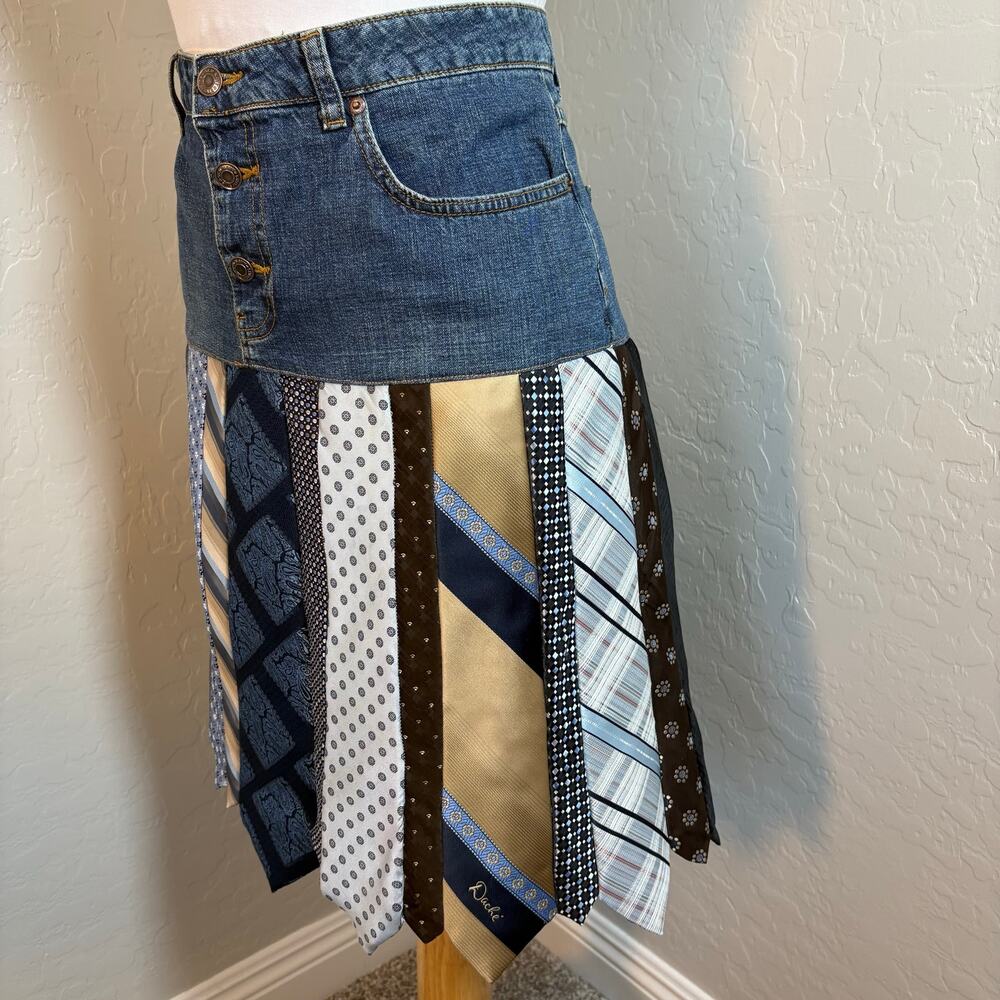 Vintage Handmade Upcycled Neck Tie Denim Jeans Skirt Boho Maximalist 12 - Picture 3 of 16